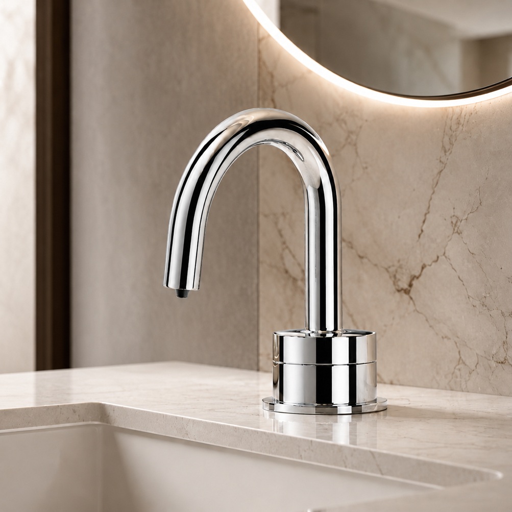 Polished chrome rounded gooseneck touchless faucet model installed on a marble bathroom vanity with warm backlit mirror and modern stone wall backdrop